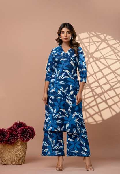 Bold & Beautiful in Blue Leaf Print Cotton Kurta Set