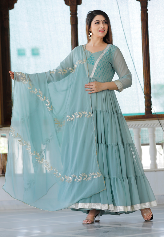 Sea Green Hand Block Printed Tier Dress