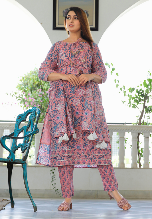 Rose Pink Hand Block Printed Kurta Set.