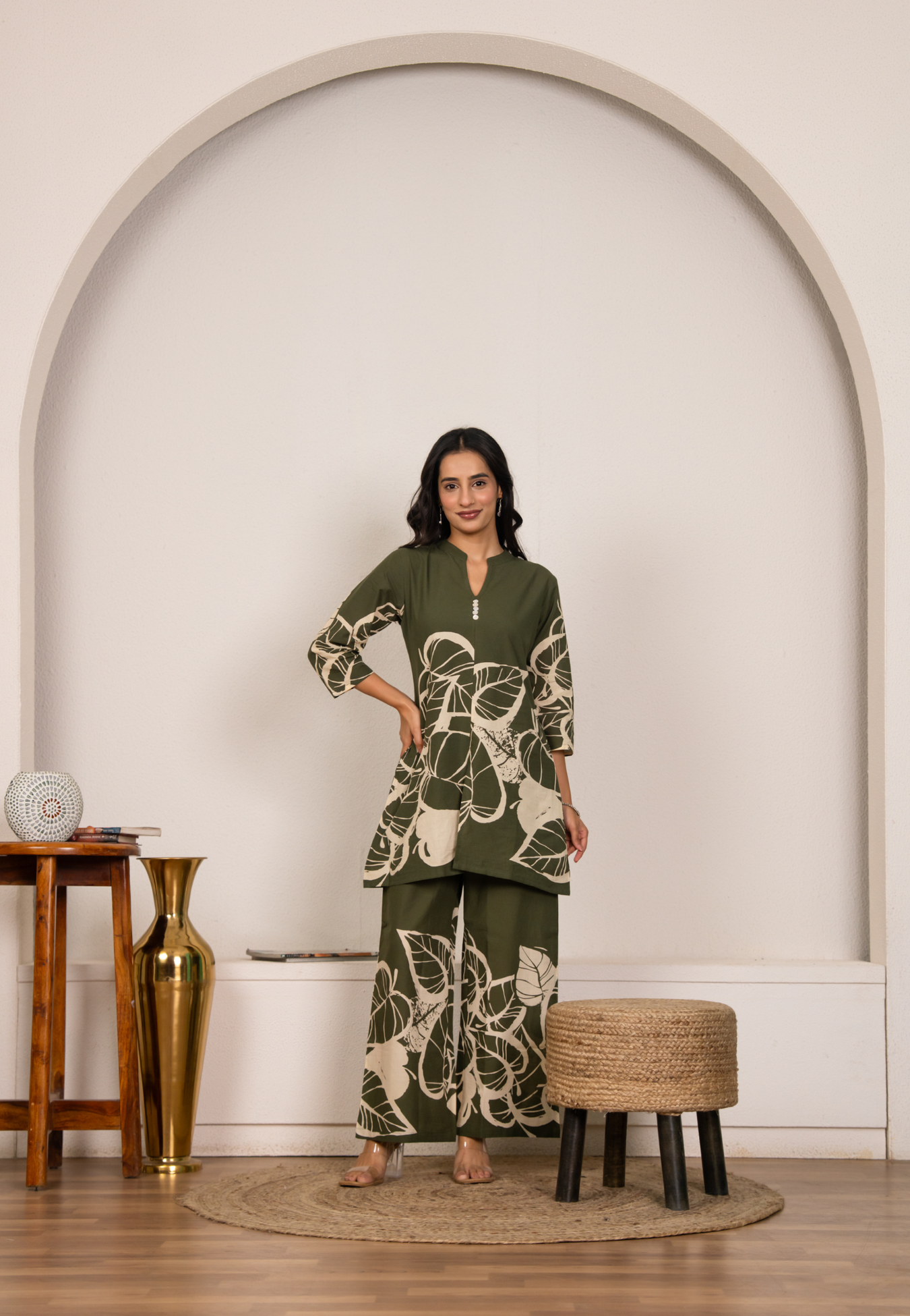 Pure Cotton Olive Green Leaf Printed Co-ord set