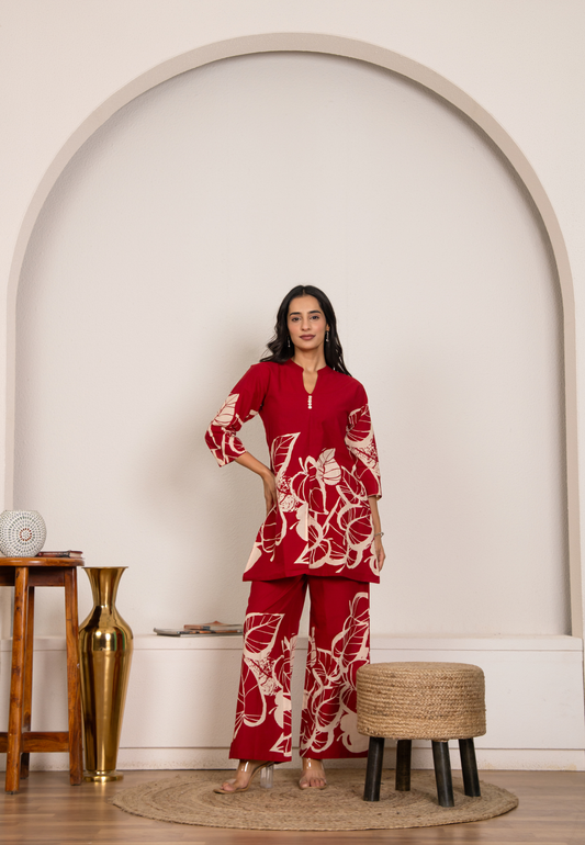 Red Leaf Enchantment Cotton Co-ord Set