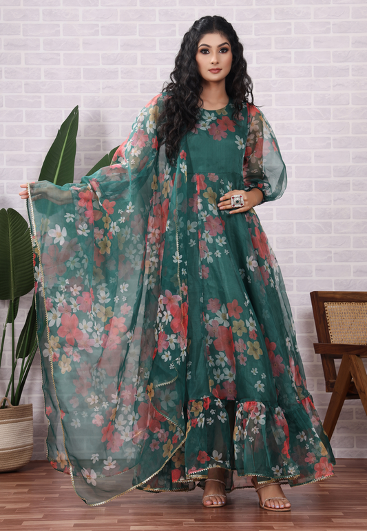 Celebrate in Green Organza with Stunning Floral Patterns