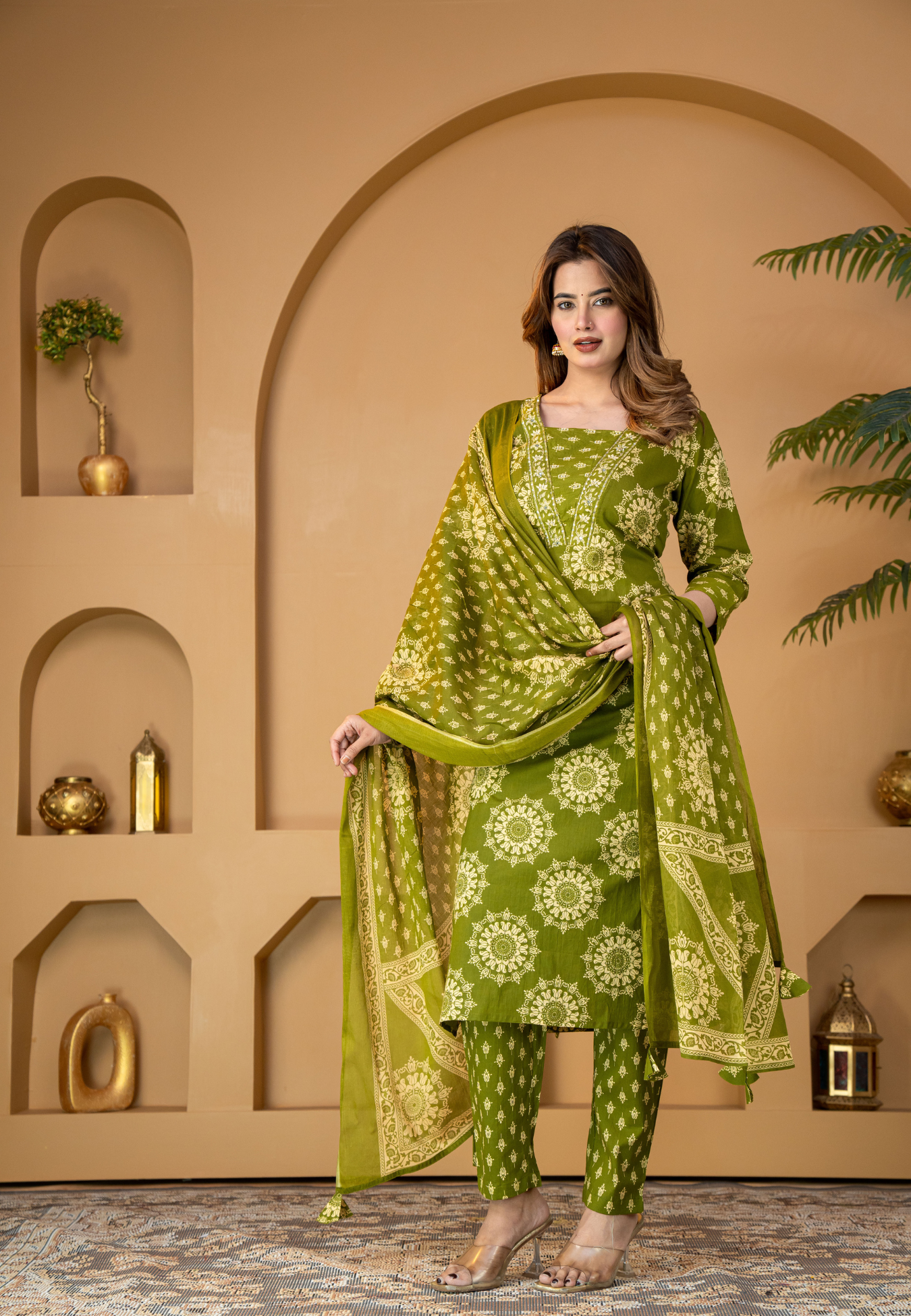 Olive Green Floral Printed Kurta Set with Dupatta