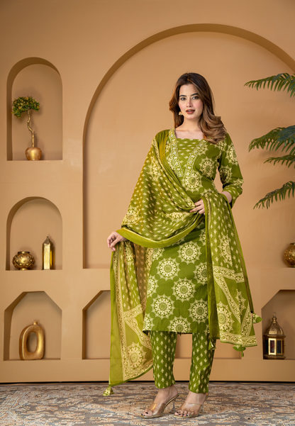 Olive Green Floral Printed Kurta Set with Dupatta