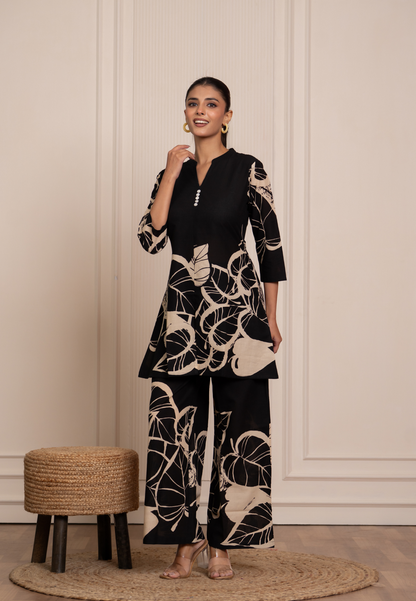 Classic Black Co-Ord Set with Bold Beige Leaf Prints