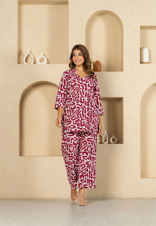 Modern Cotton Maroon Abstract Loungewear Set