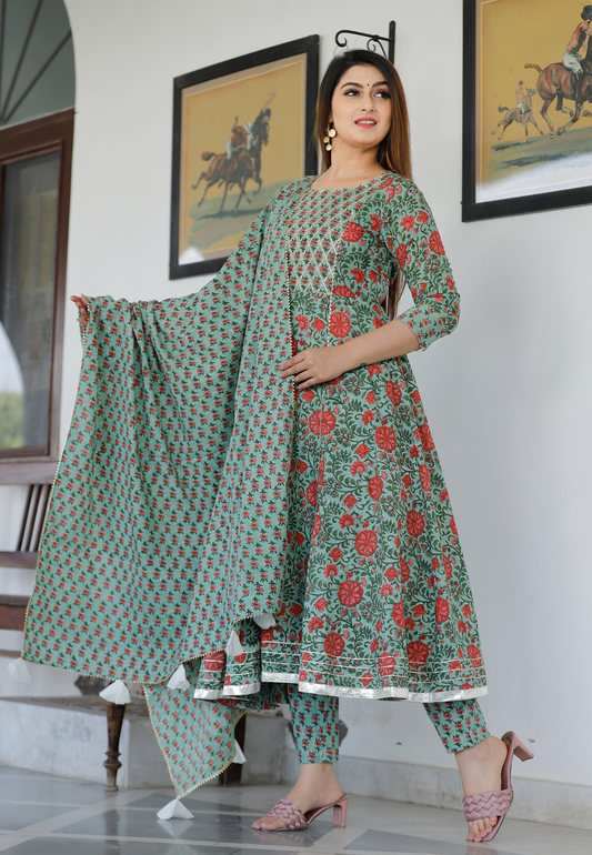 Light Green Hand Block Printed Anarkali Set