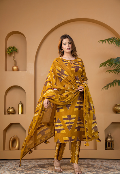 Mustard Geometric Printed Kurta Set with Dupatta