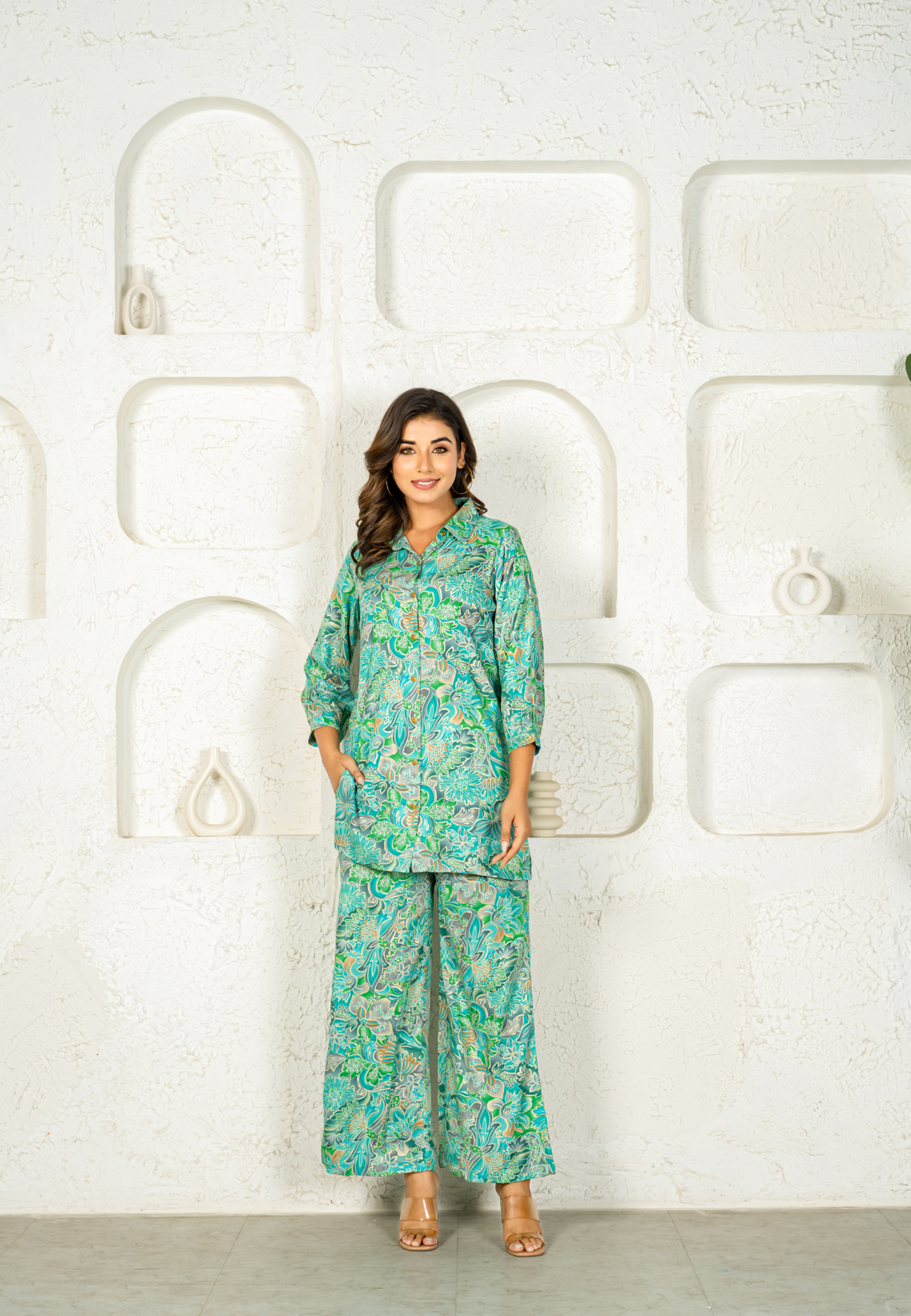 Tropical Charm in Aqua Green Rayon Co-ord Set
