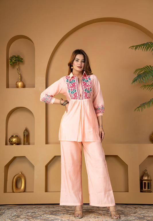 Peach Muslin Silk Co-Ord Set with Embroidery Work