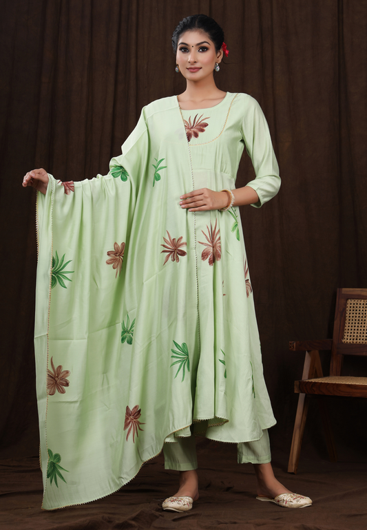 Nature’s Touch Hand-Printed Florals on Pastel Green Modal Silk
