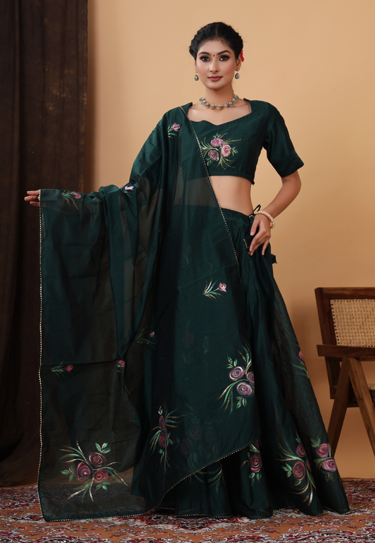 Formal Bottle Green Handpainted Lehenga Set