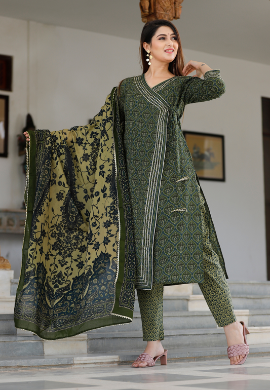 Dark Green Floral Printed Angrakha Kurta Set.