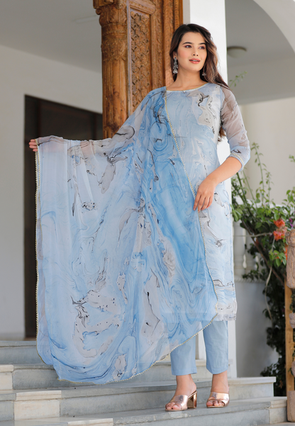 Ethereal Elegance in Sky Blue Marble Print Suit Set