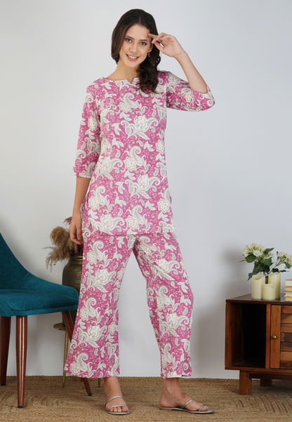 Pink Fuchsia Floral Grace Cotton Loungewear Set