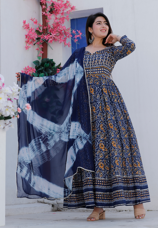 Indigo Floral Printed Dress Set