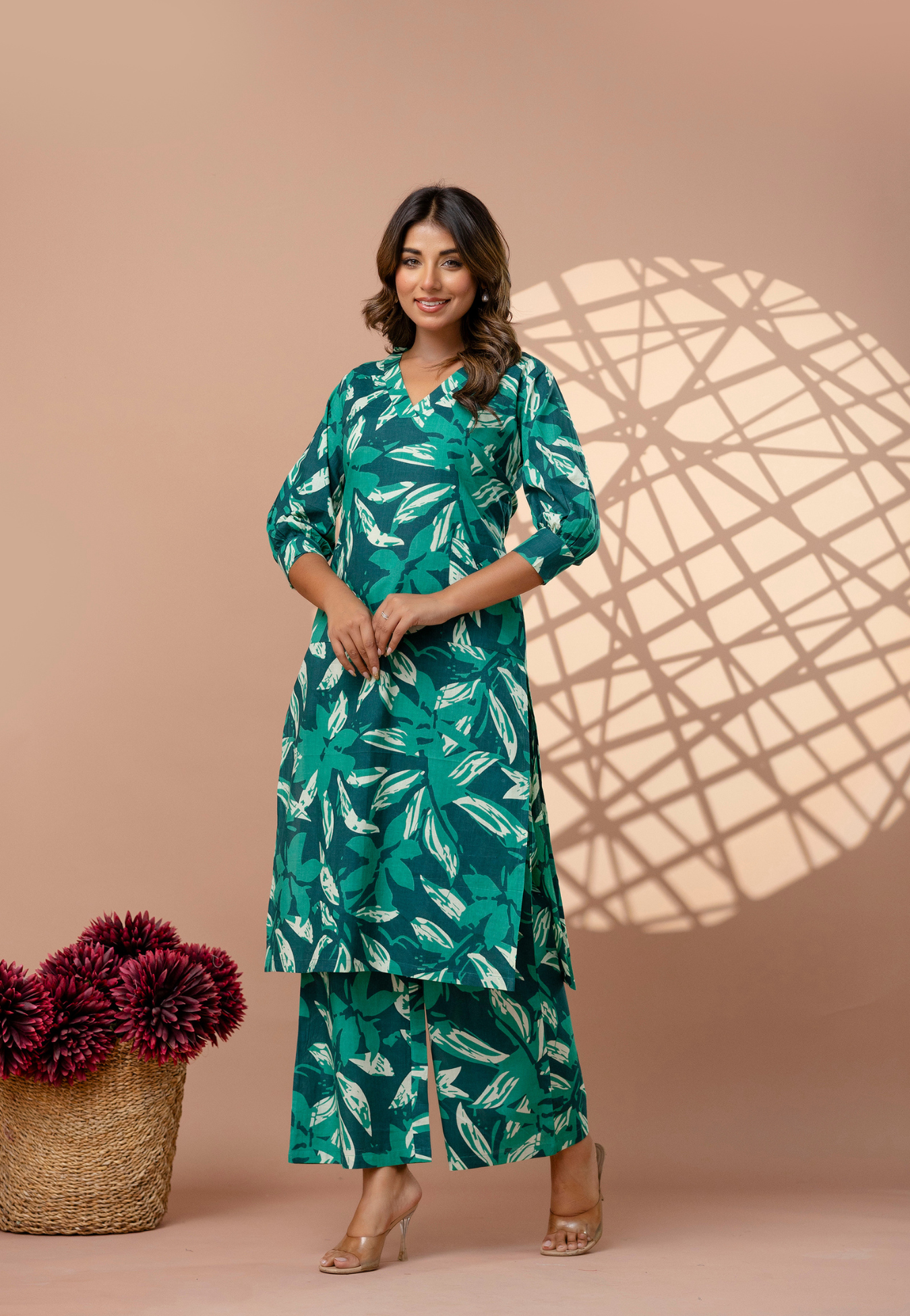 Elegant Green Leaf-Printed Cotton Kurta Set