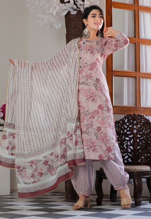 Handcrafted Floral Printed Cotton Kurta Set