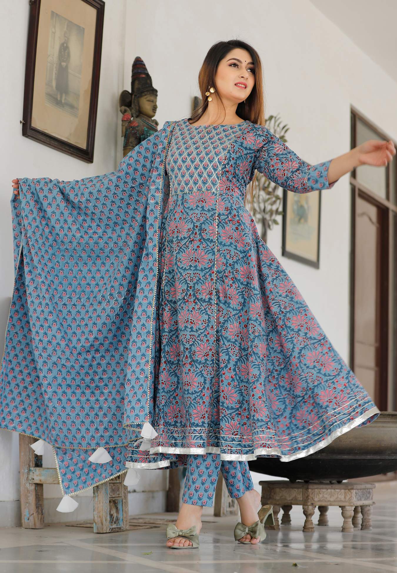Dodge Blue Hand Block Printed Anarkali Set