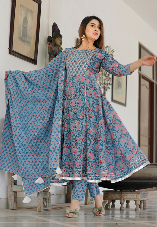 Dodge Blue Hand Block Printed Anarkali Set