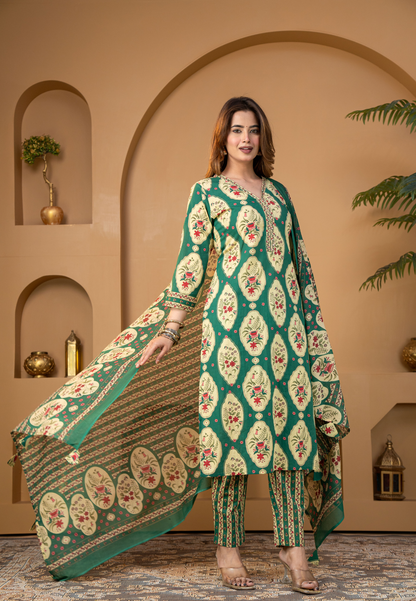 Emerald Green Floral Printed Kurta Set with Dupatta