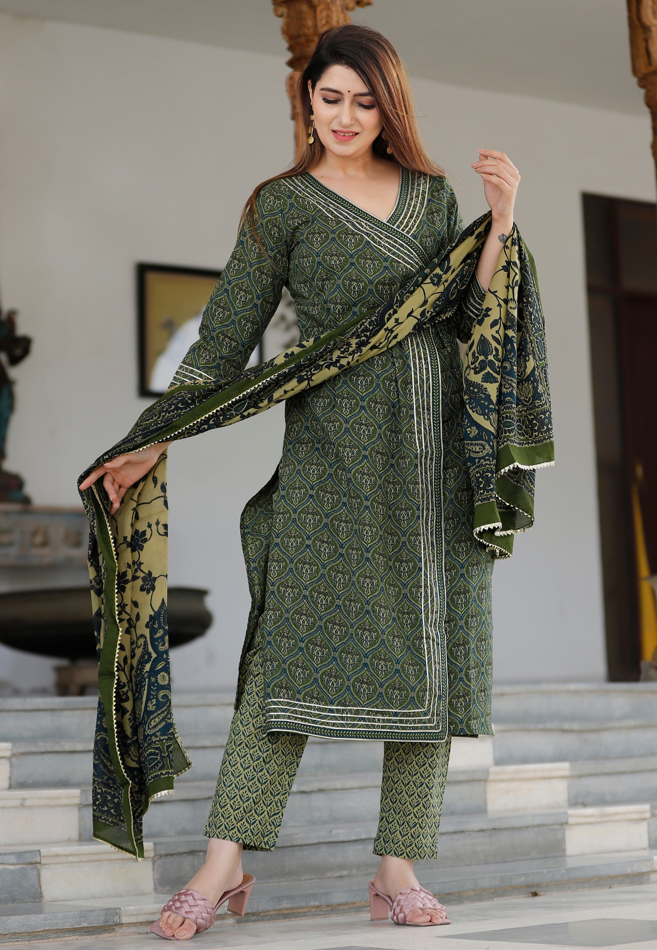Dark Green Floral Printed Angrakha Kurta Set.