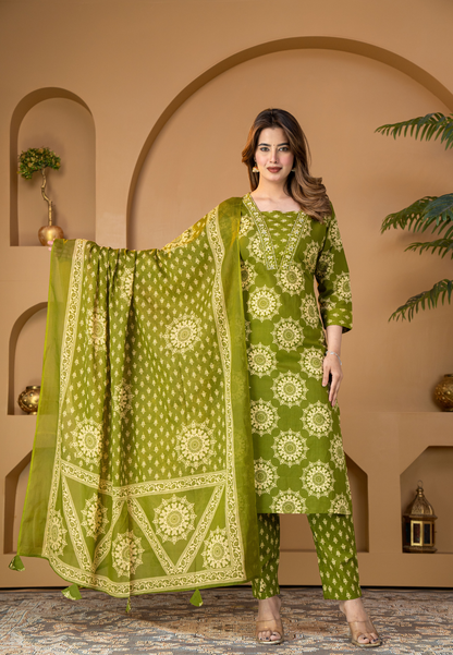Olive Green Floral Printed Kurta Set with Dupatta