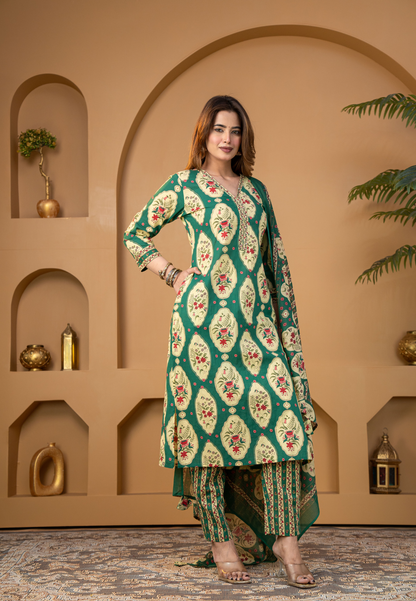 Emerald Green Floral Printed Kurta Set with Dupatta