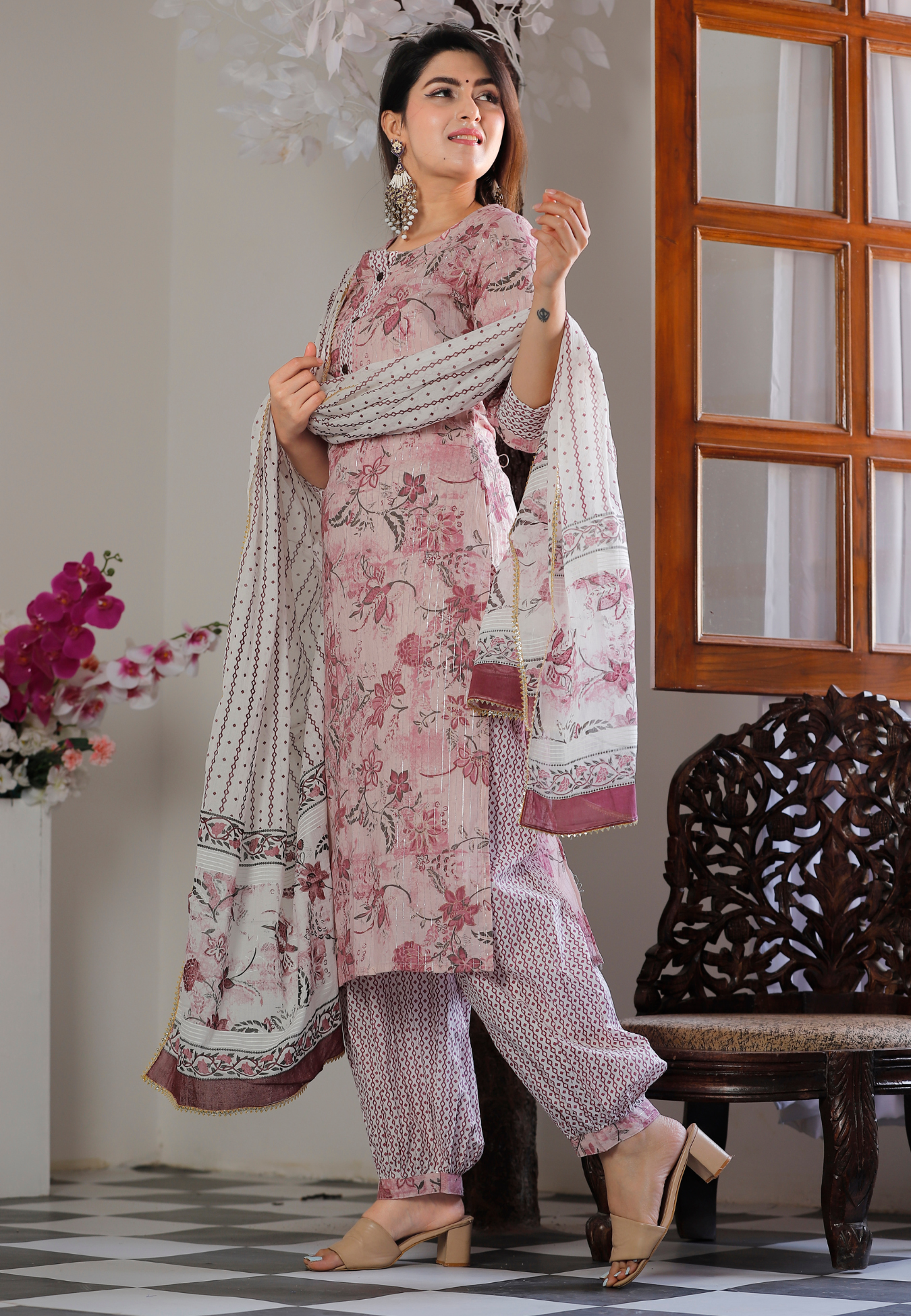 Handcrafted Floral Printed Cotton Kurta Set