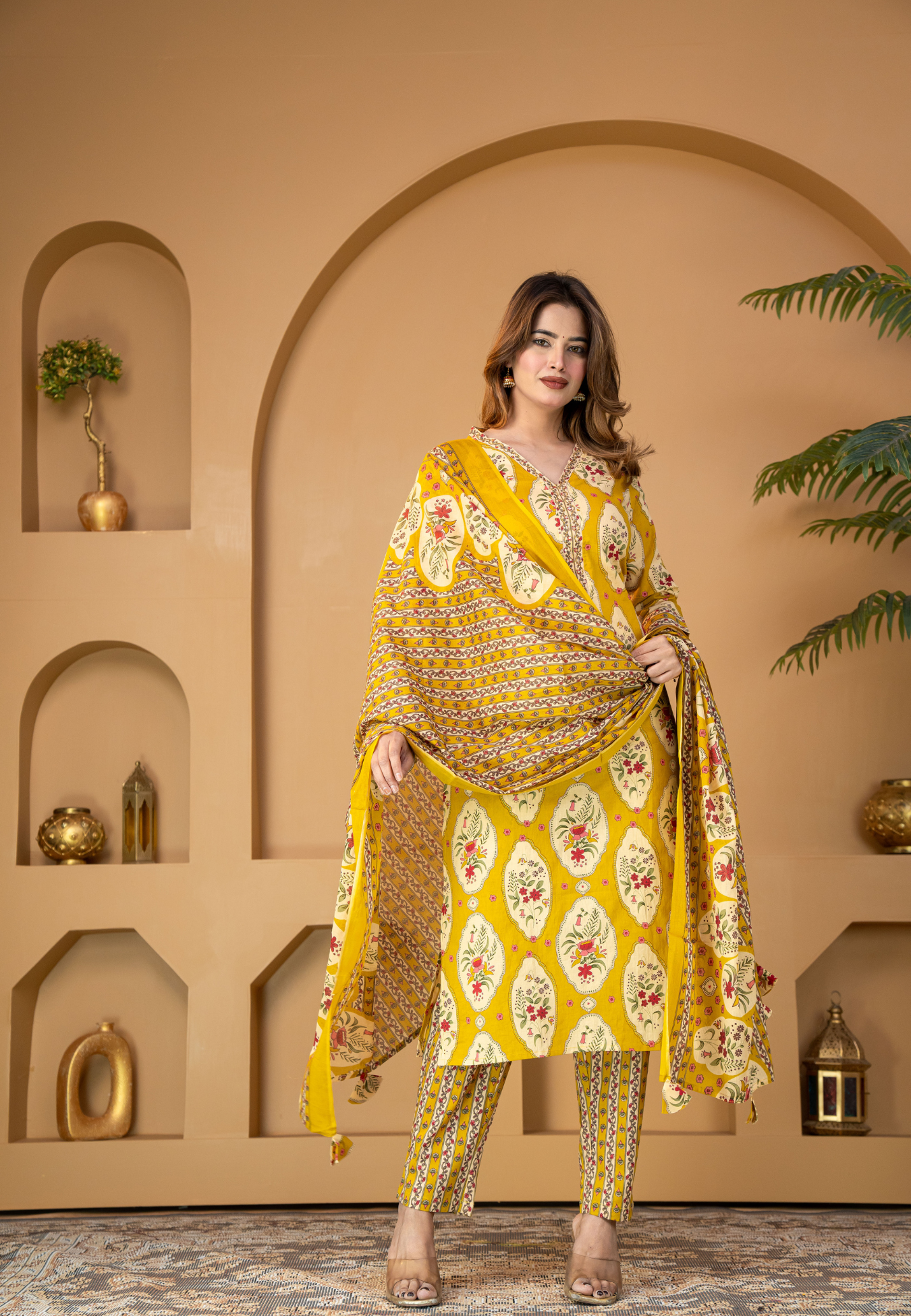 Yellow Ethnic Kurta Set with Floral Motifs & Dupatta
