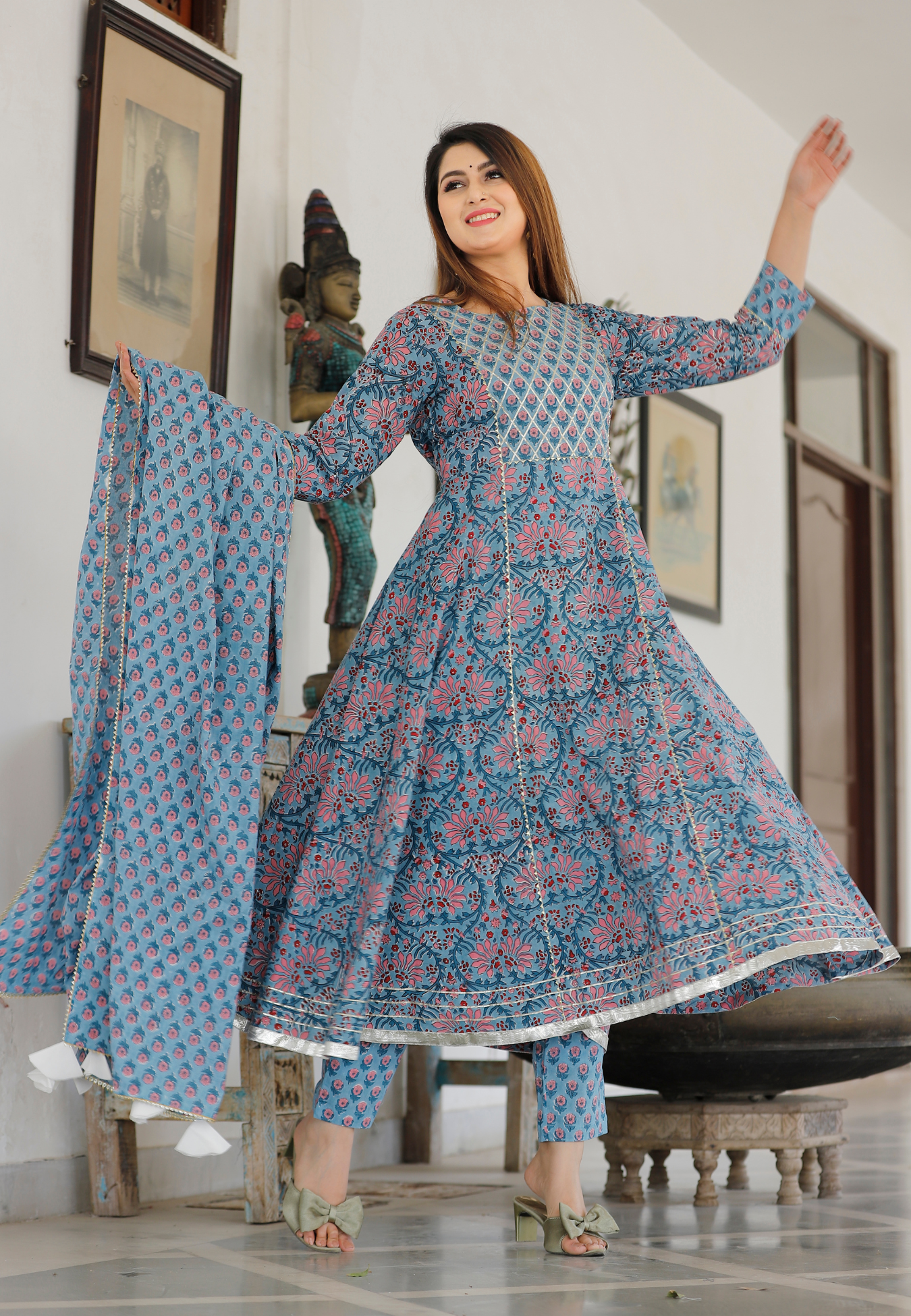Dodge Blue Hand Block Printed Anarkali Set