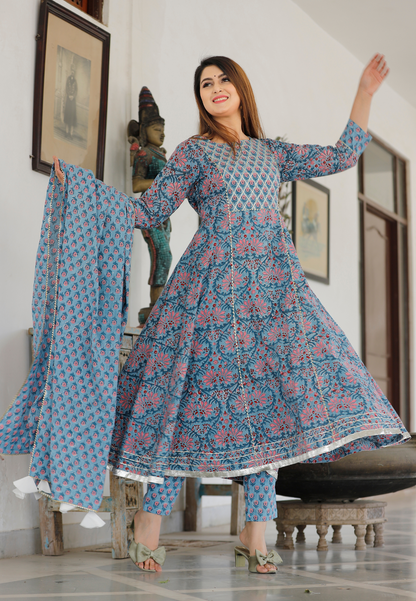 Dodge Blue Hand Block Printed Anarkali Set