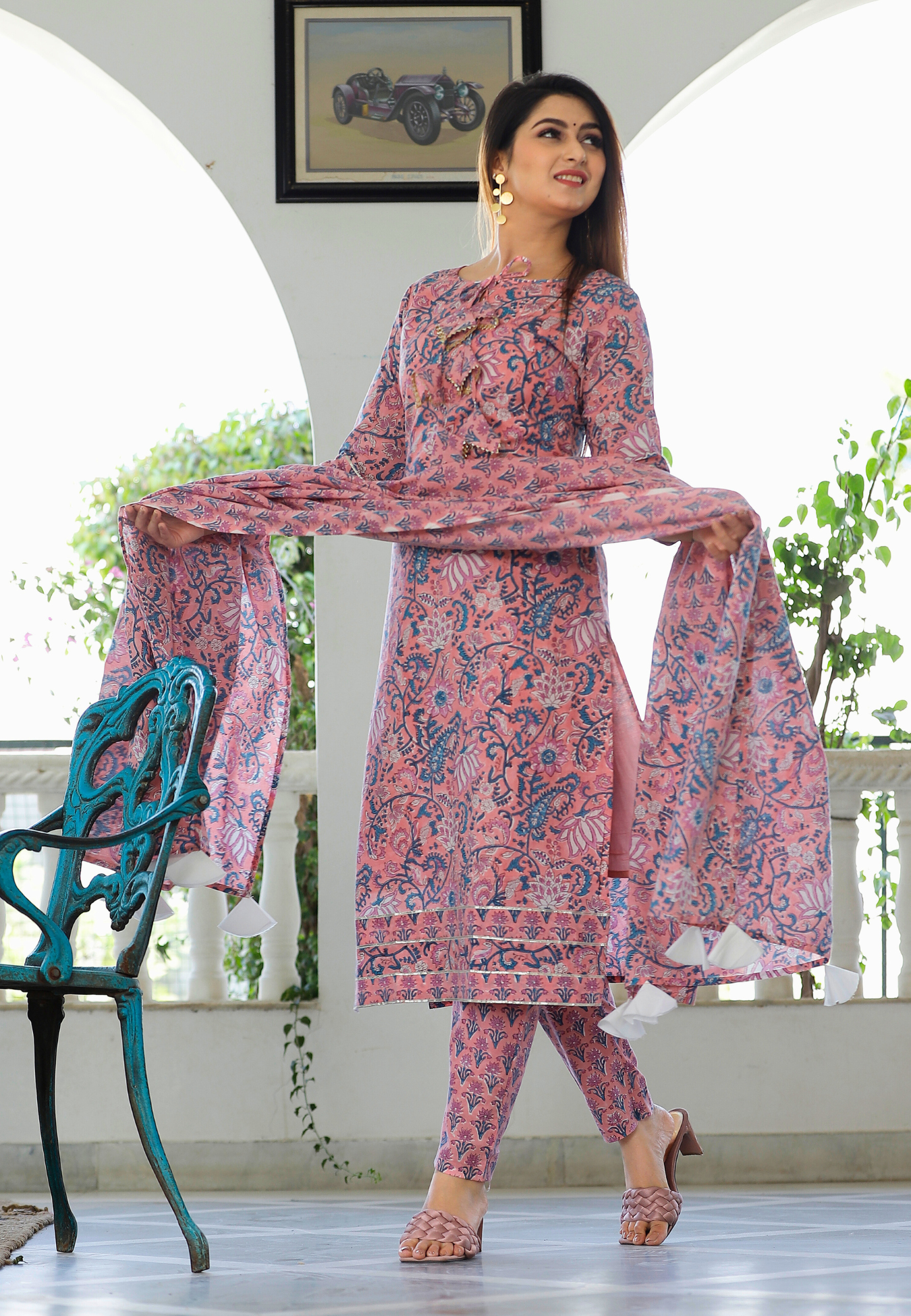 Rose Pink Hand Block Printed Kurta Set.