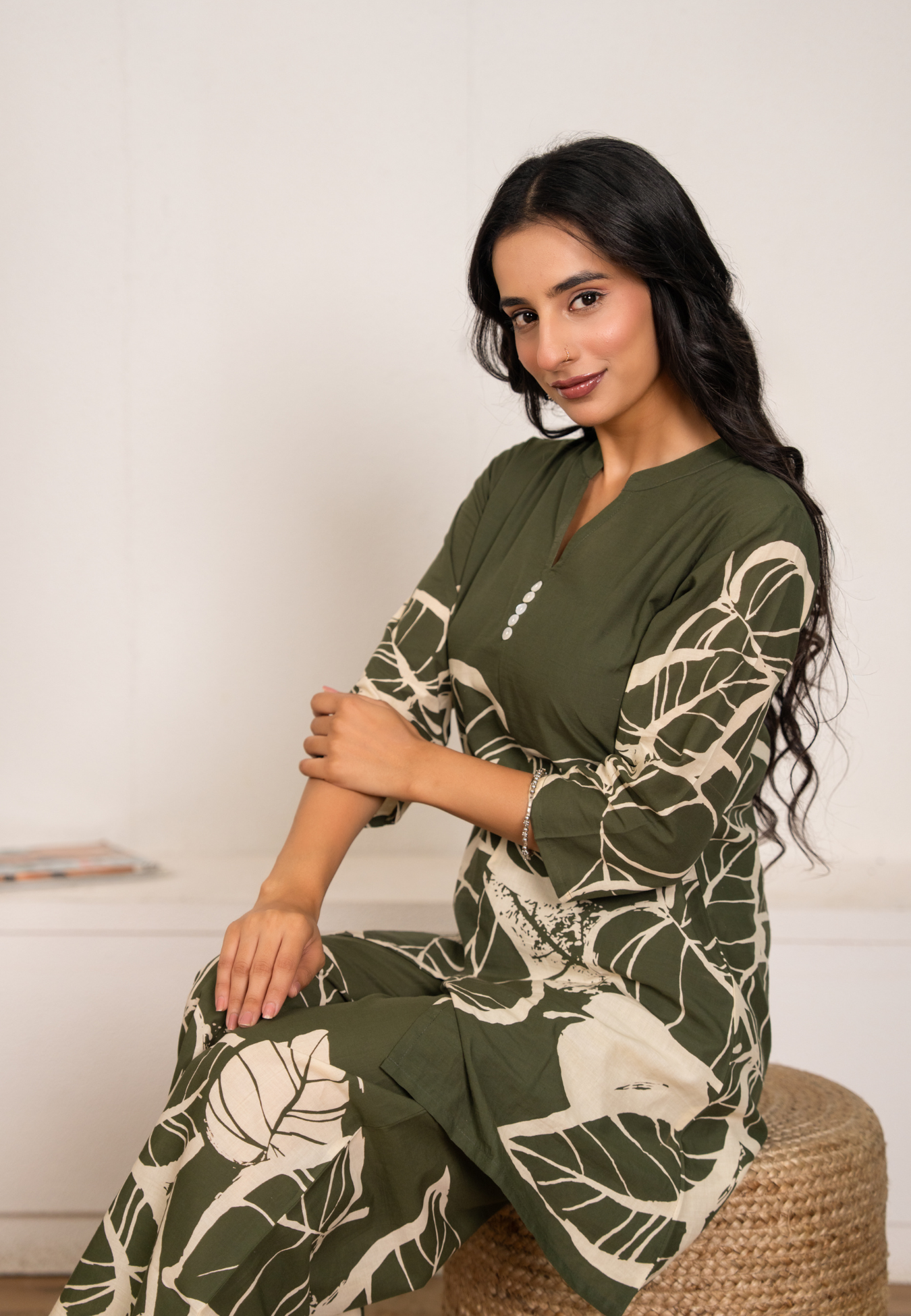 Pure Cotton Olive Green Leaf Printed Co-ord set