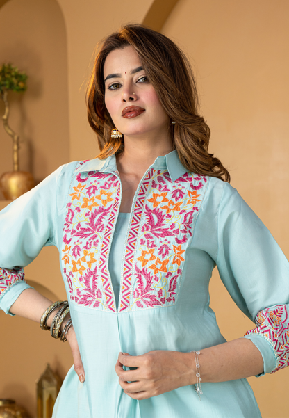 Aqua Blue Muslin Silk Co-Ords Set