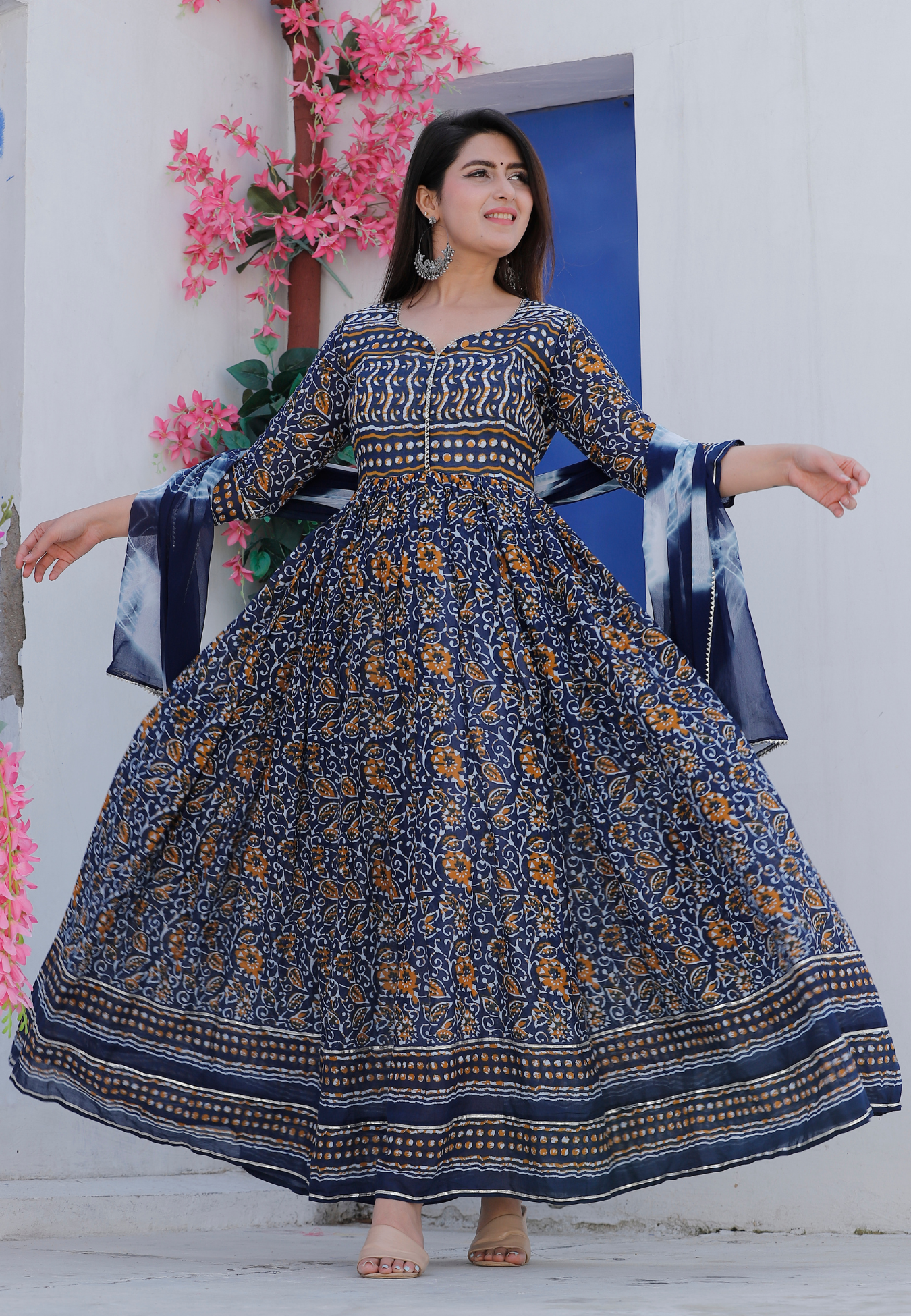 Indigo Floral Printed Dress Set