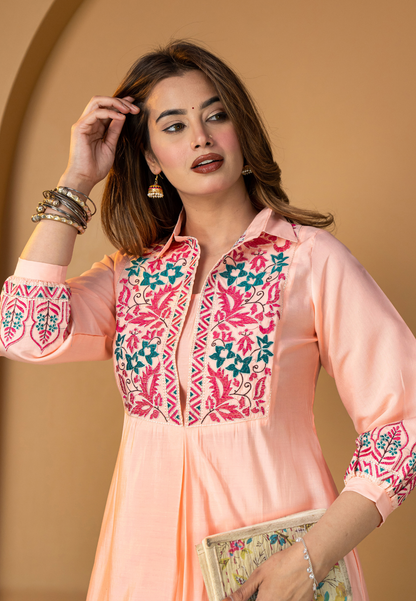 Peach Muslin Silk Co-Ord Set with Embroidery Work