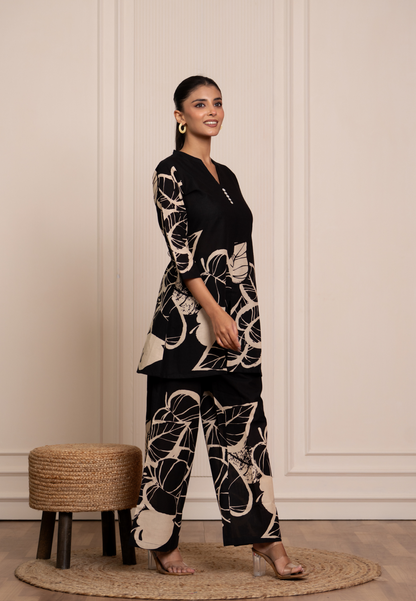 Classic Black Co-Ord Set with Bold Beige Leaf Prints