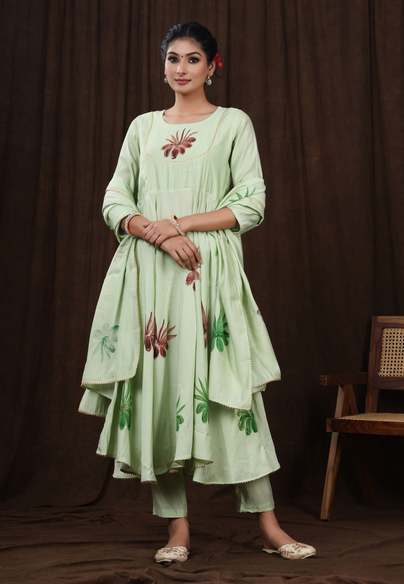 Nature’s Touch Hand-Printed Florals on Pastel Green Modal Silk