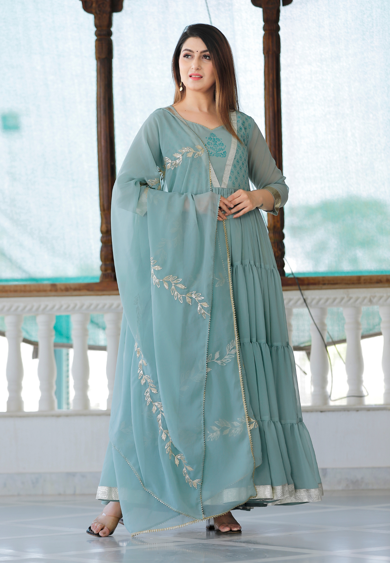 Sea Green Hand Block Printed Tier Dress