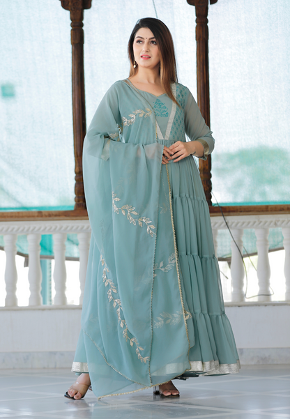 Sea Green Hand Block Printed Tier Dress