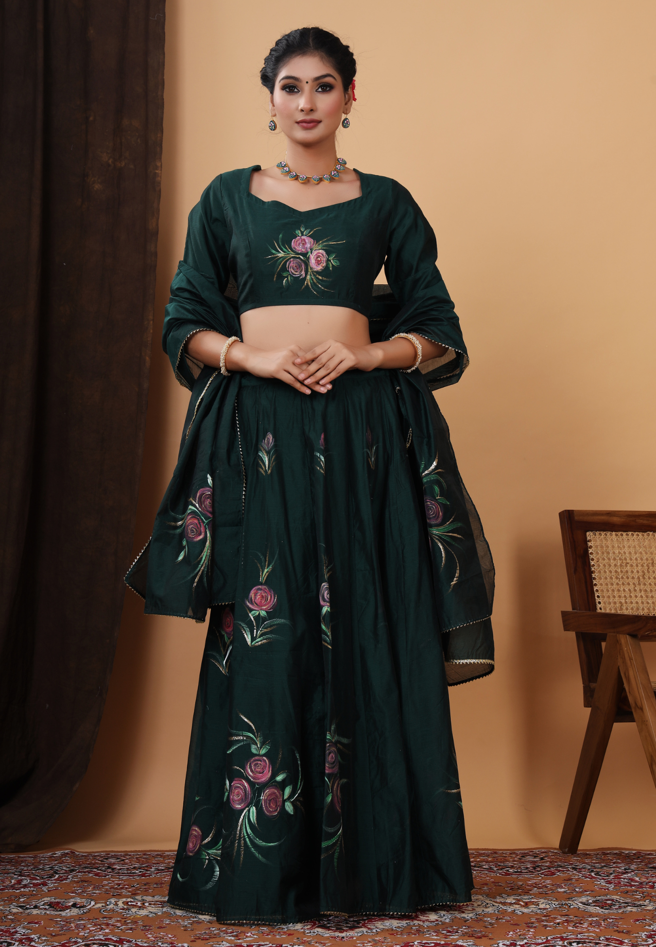 Formal Bottle Green Handpainted Lehenga Set