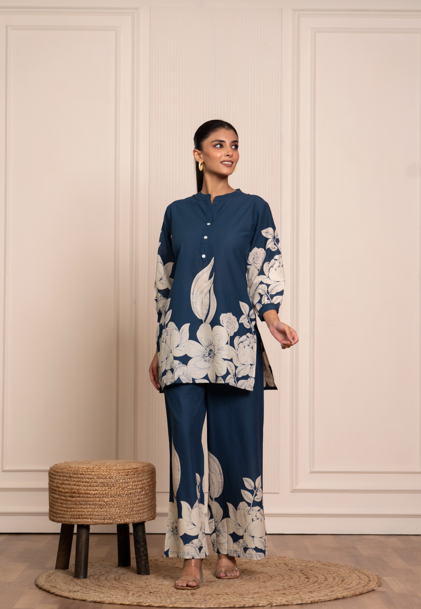 Teal Blue Co-Ord Set with Ivory Floral Prints