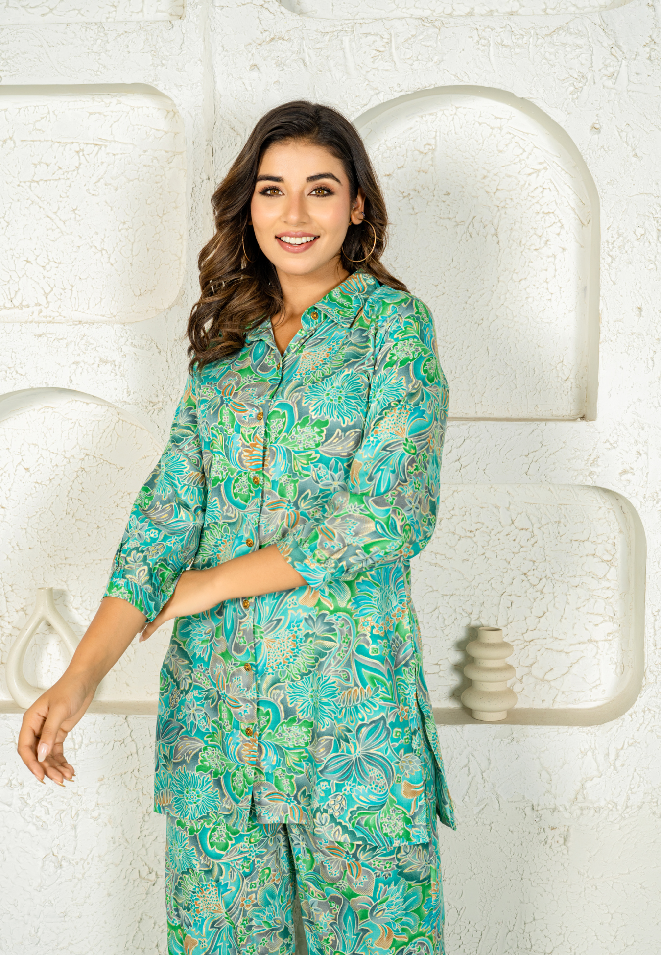 Tropical Charm in Aqua Green Rayon Co-ord Set