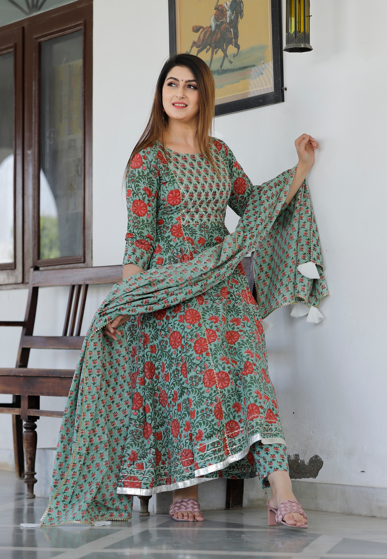 Light Green Hand Block Printed Anarkali Set