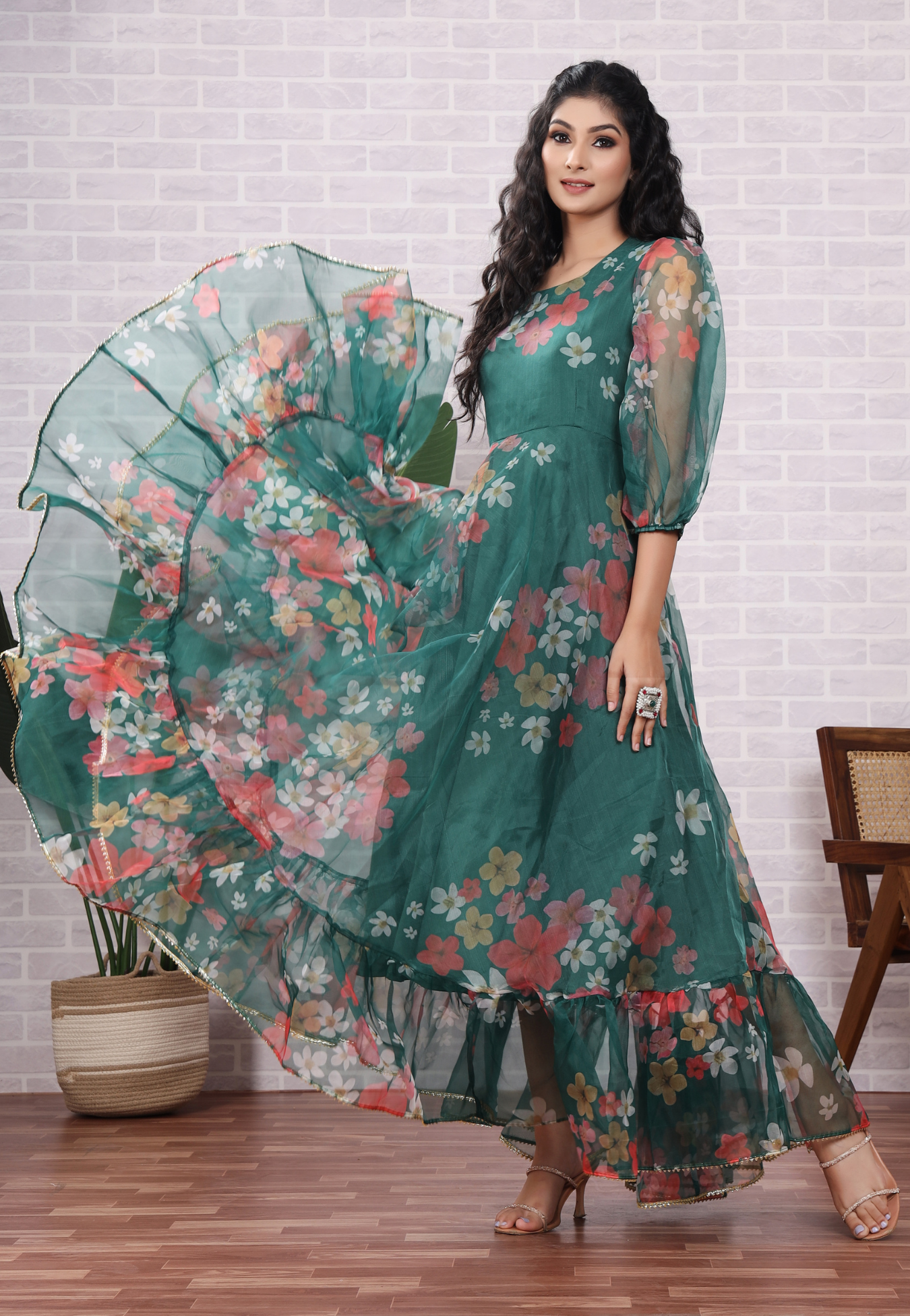 Celebrate in Green Organza with Stunning Floral Patterns