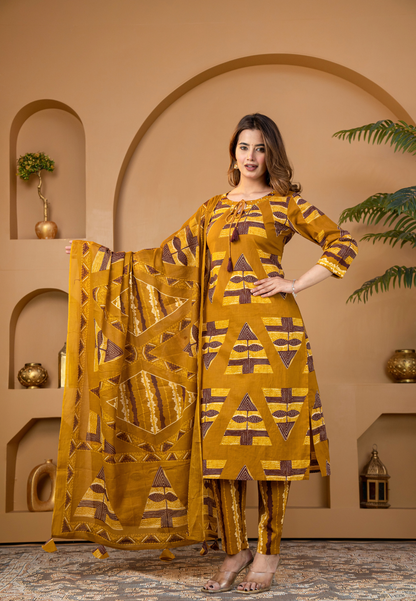 Mustard Geometric Printed Kurta Set with Dupatta