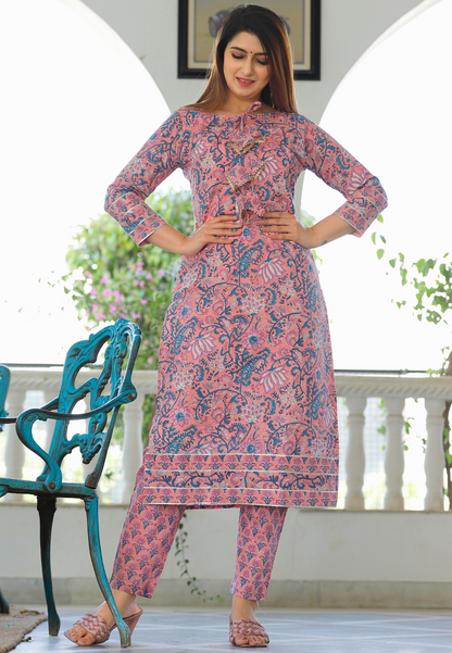 Rose Pink Hand Block Printed Kurta Set.