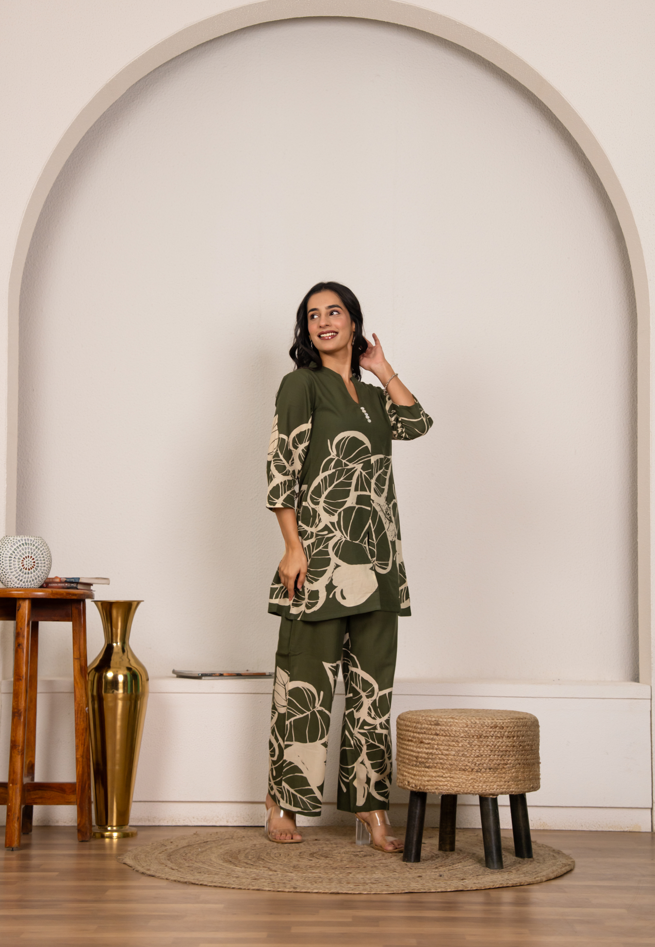 Pure Cotton Olive Green Leaf Printed Co-ord set