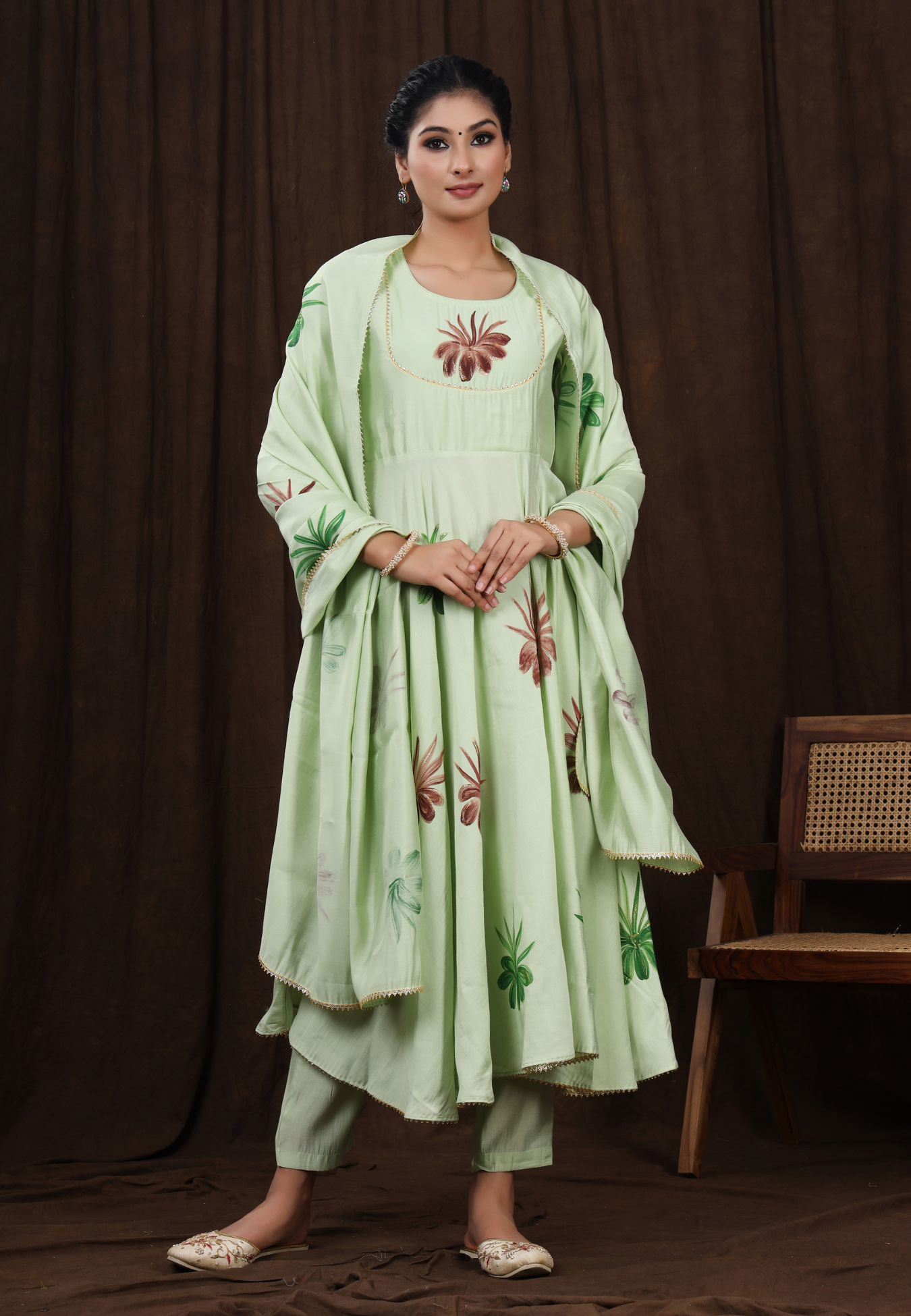 Nature’s Touch Hand-Printed Florals on Pastel Green Modal Silk